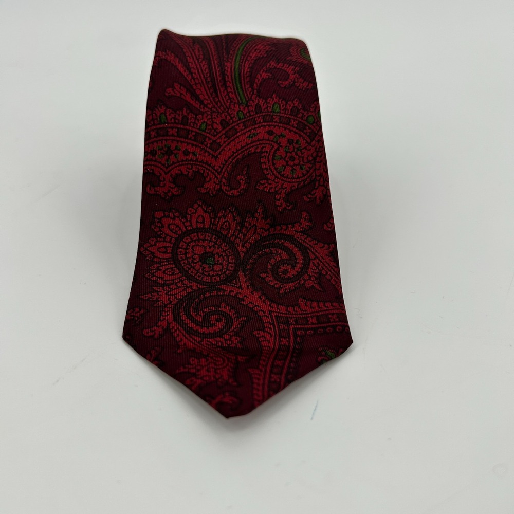 Vintage Christian Dior Paris Silk Paisley Necktie Burgundy Green Made in France - Picture 2 of 10